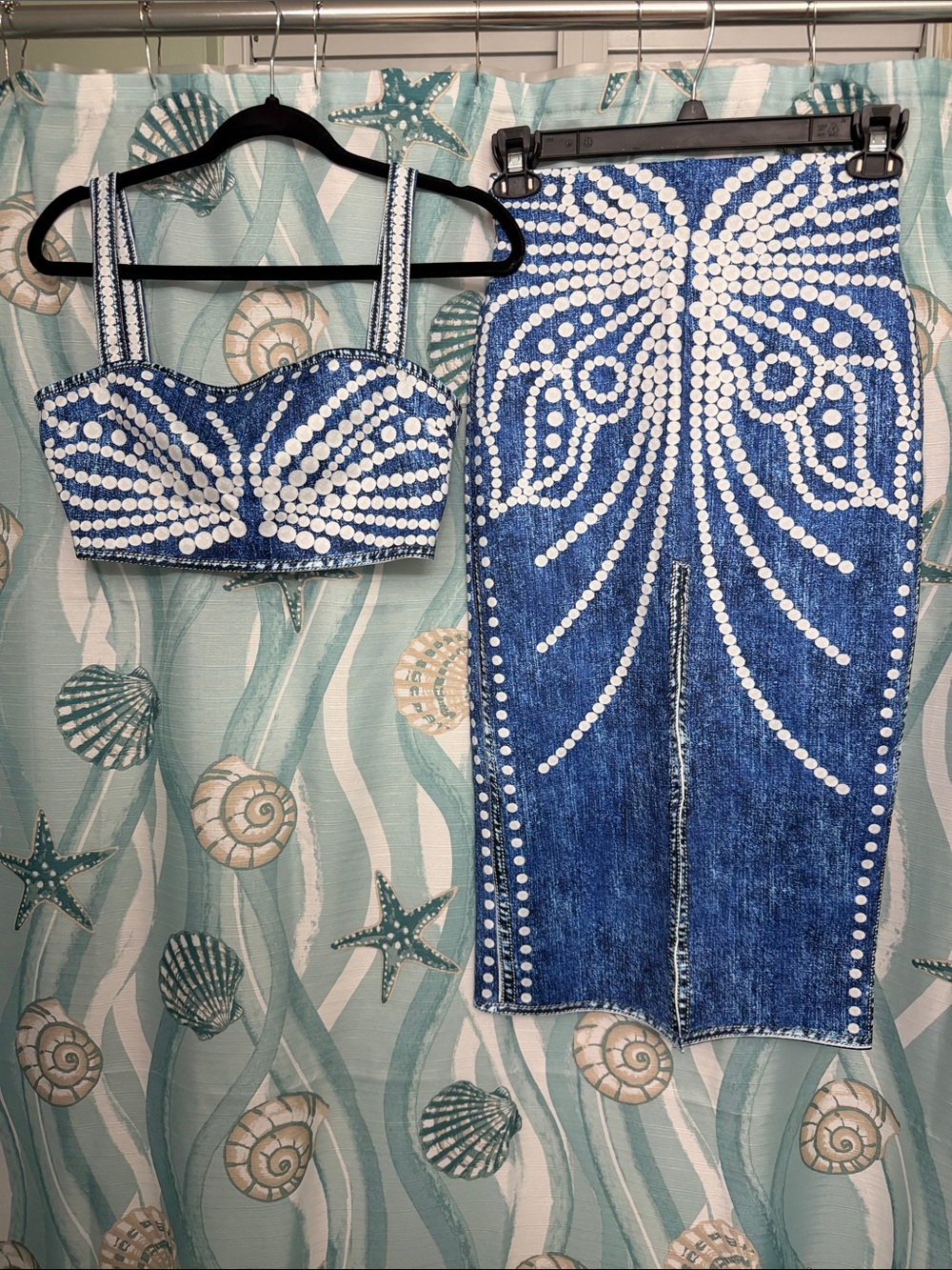 Studded Denim Bustier & Midi Skirt Set - Blue & White